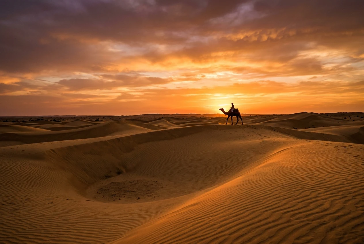 Camel safari and golden sand dunes in the Thar Desert at Osian near Jodhpur