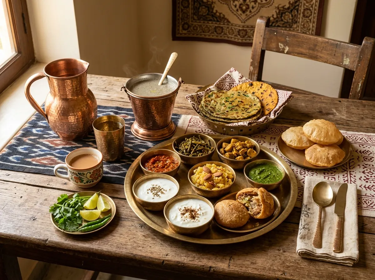 Freshly prepared traditional vegetarian home-cooked Marwari thali at Sagar Villa