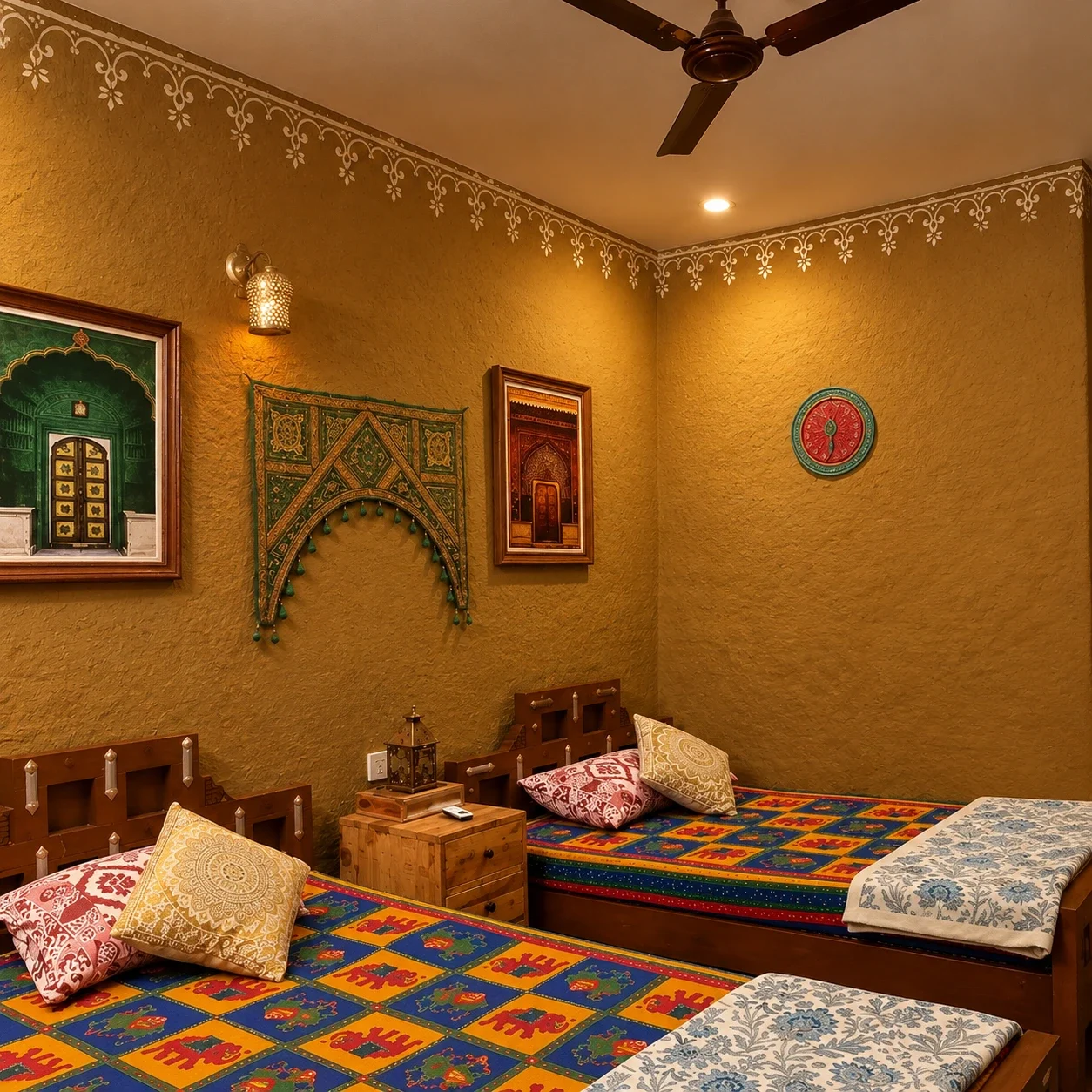 The Heritage Suite bedroom with handcrafted wooden furniture and plush bedding at Sagar Villa