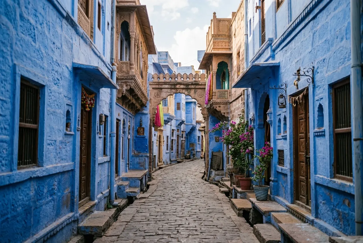Historic cobalt-blue painted streets and traditional houses of Navchowkiya Jodhpur