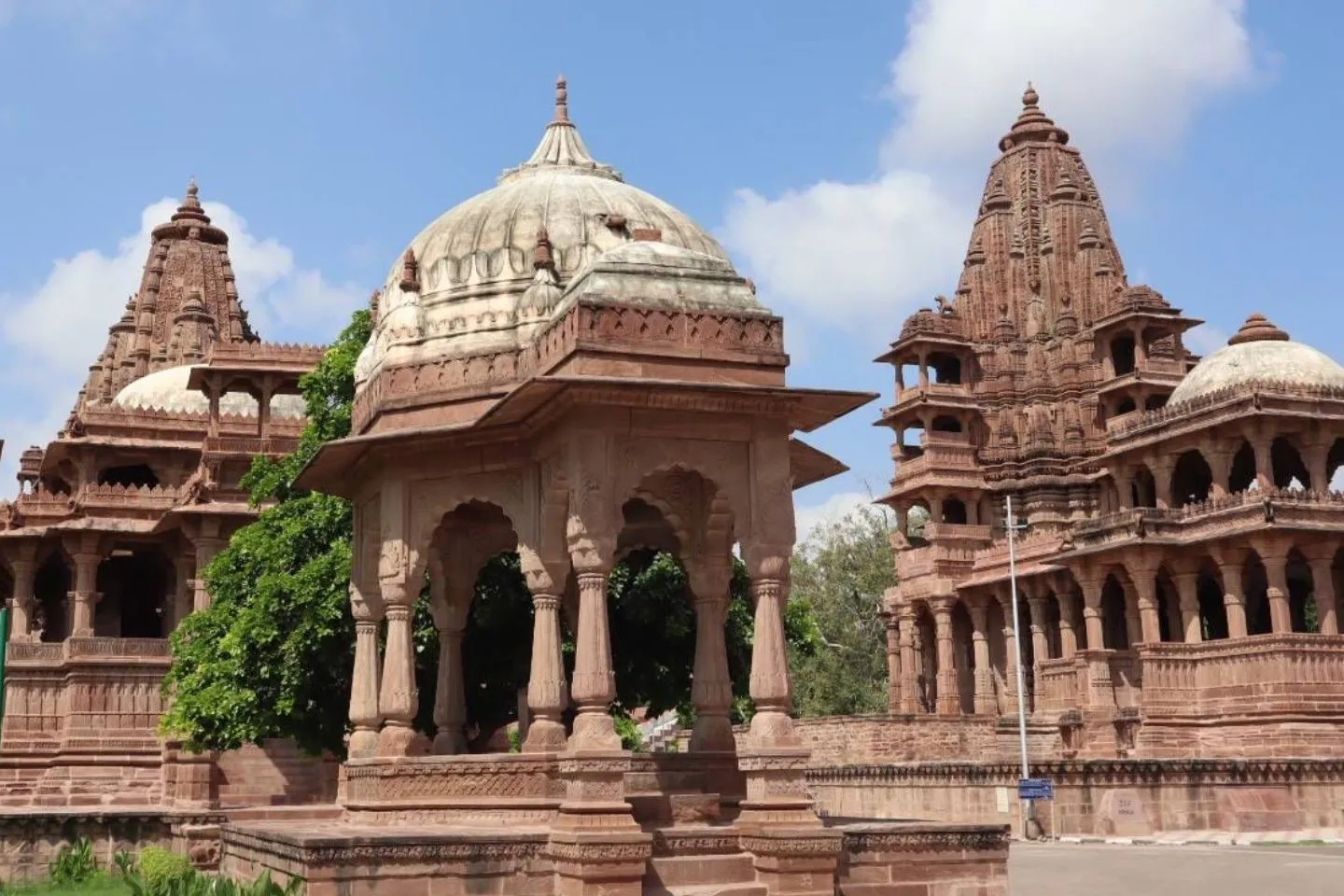 Grand red sandstone royal cenotaphs and temples of Marwar rulers at Mandore Gardens Jodhpur