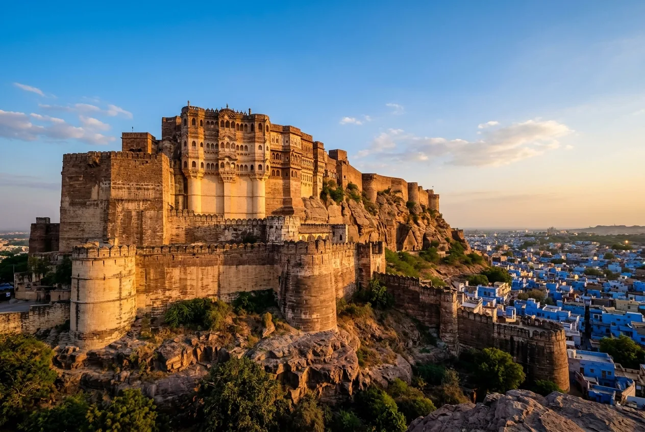 Mehrangarh Fort towering on a cliff over the Blue City of Jodhpur